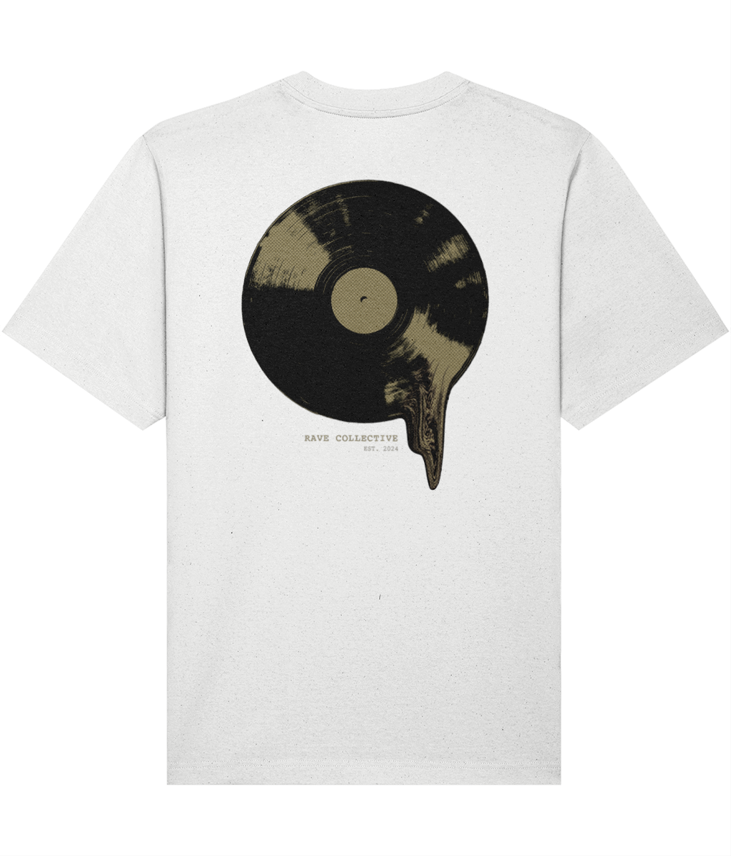 White oversized vinyl rave t-shirt with vinyl record back print, back view