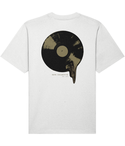 White oversized vinyl rave t-shirt with vinyl record back print, back view