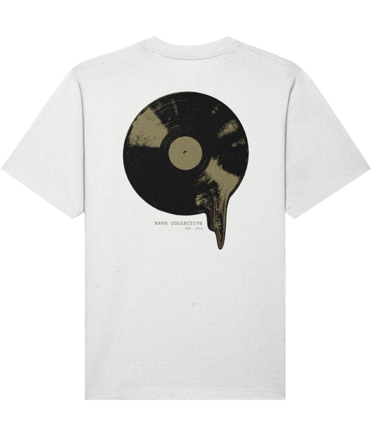 White oversized vinyl rave t-shirt with vinyl record back print, back view