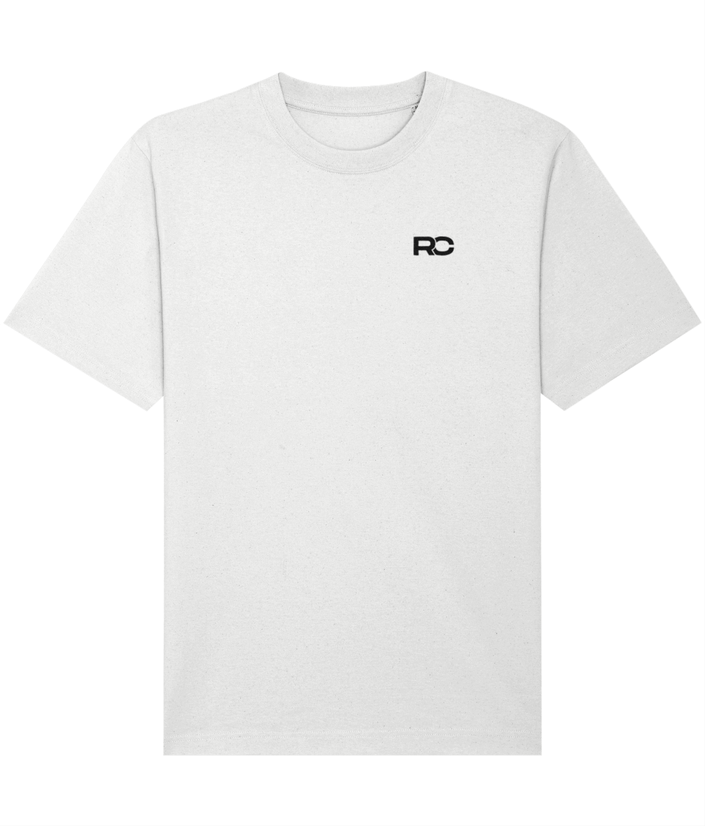 White oversized vinyl rave t-shirt with vinyl record back print, front view