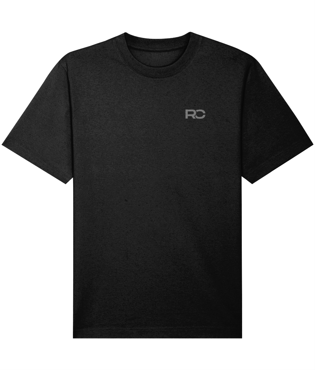 black oversized rave essentials t-shirt with tonal grey back print, front view