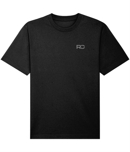 black oversized rave essentials t-shirt with tonal grey back print, front view