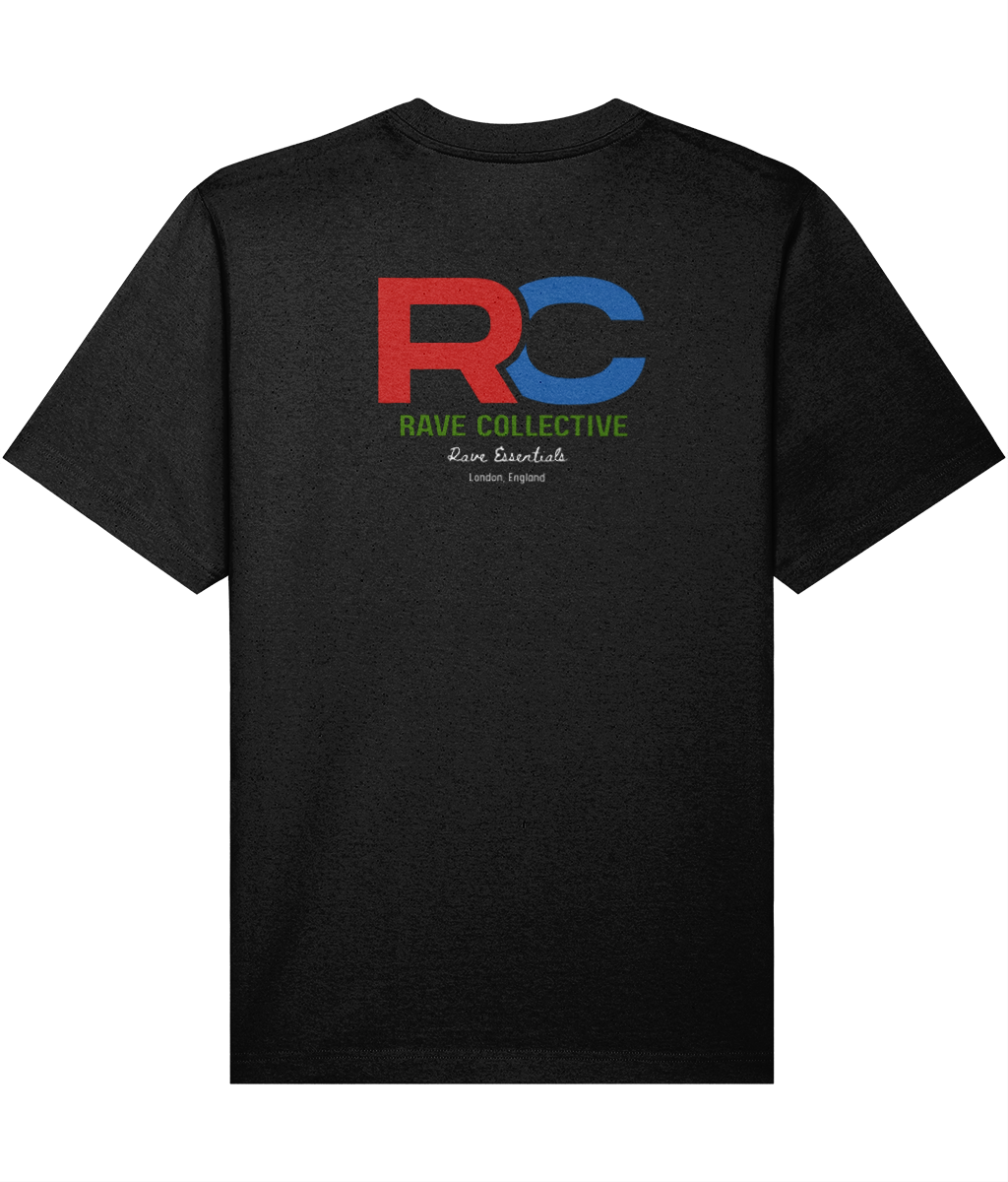 black oversized signature rave t-shirt with RC logo back print in red and blue, back view