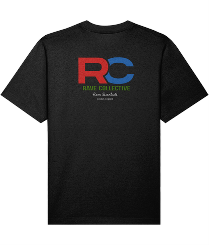 black oversized signature rave t-shirt with RC logo back print in red and blue, back view