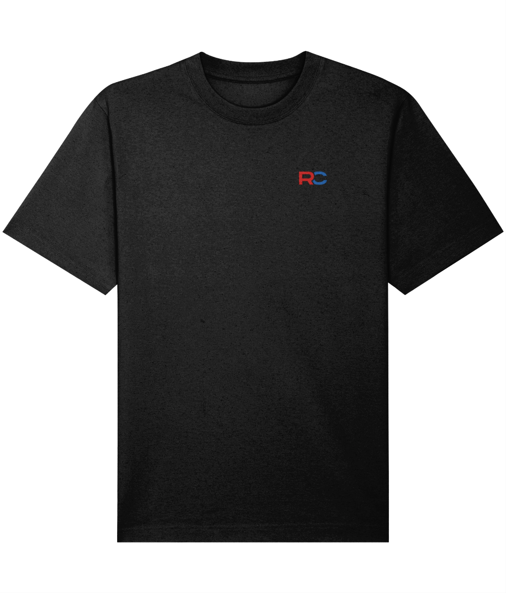 black oversized signature rave t-shirt with RC logo back print in red and blue, front view