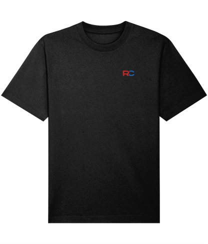 black oversized signature rave t-shirt with RC logo back print in red and blue, front view