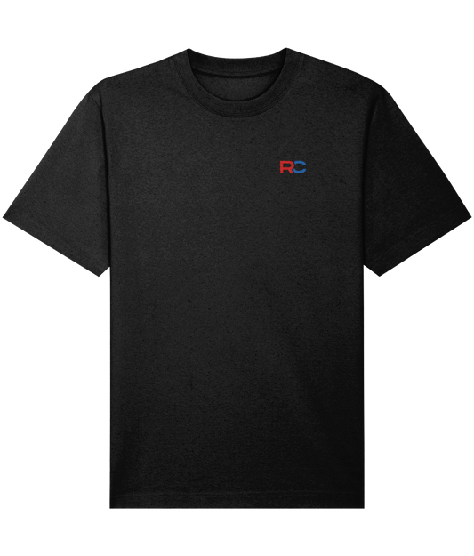 black oversized signature rave t-shirt with RC logo back print in red and blue, front view